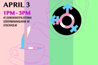 Image description: Image has a background in pink, purple and two shades of green. It features a drawing of a tea-pot pouring into a tea-mug. The pot has the Trans symbol on it (in the colors of the Trans flag) and the tea pouring out is in the color of the Trans flag. The image has the following text: Community Brunch April 3 1pm-3pm At Demokratipiloterna Södermannagatan 38 Stockholm At the bottom of the image are the logos for Transammans, Trans Fest Stockholm and FPES